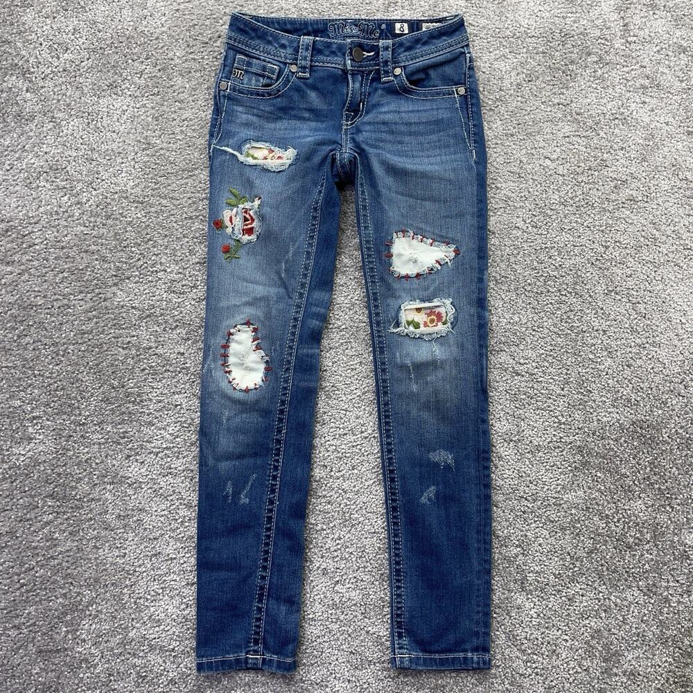 Miss Me Jeans Girls 8 Skinny Blue Denim Distressed Rips Floral Kids Stretch